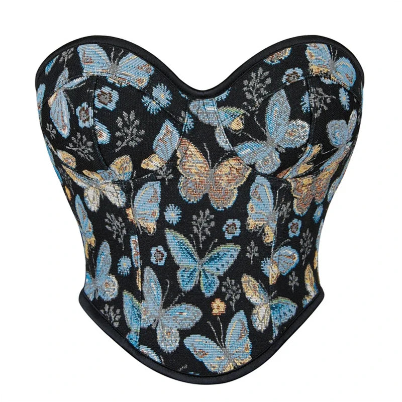 Corset Femme Noir Brodé Papillons