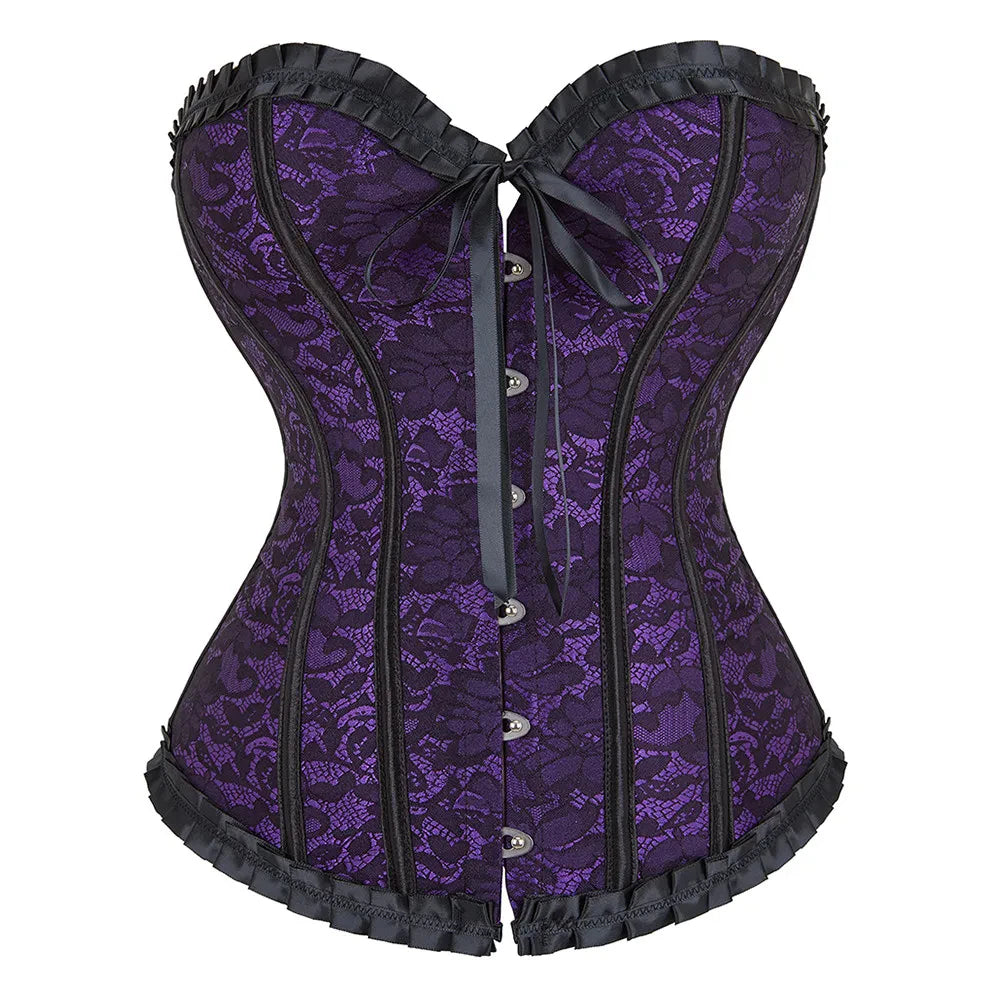 Corset violet et noir en dentelle avec noeud