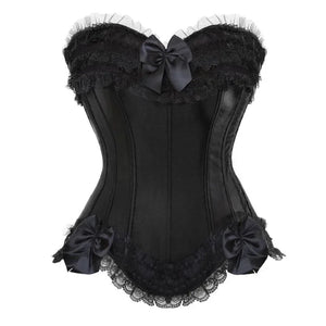 Corset noir satiné avec dentelle noire et nœuds 