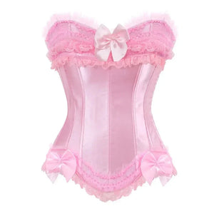 Corset rose satiné avec dentelle rose et nœuds 