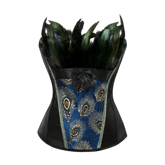 Corset gothique noir à plumes de paon
