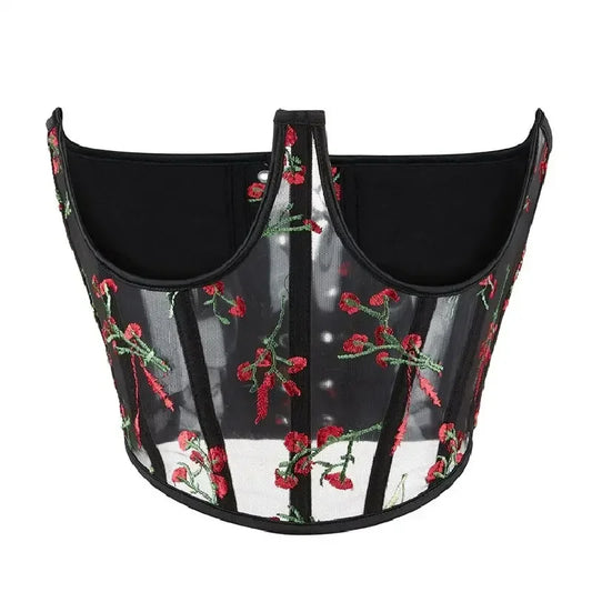 Corset brodé fleur rouge