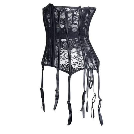 Corset Femme Dentelle Noire & Jarretelles